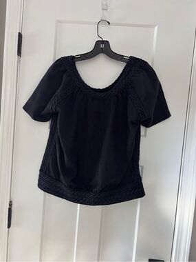 CAbi Black Short-Sleeve Braided Trim Scoop Neck Top med 6663 dark navy